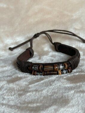 Brown Leather Silver Tone & Wood Bracelet Handcrafted Artisan Made Boho EUC